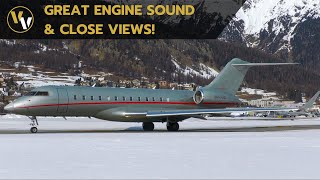 Bombardier Global 6000 engine startup on taxiway amp powerful takeoff in the Swiss Alps [upl. by Noissap]