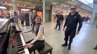 Boogie Woogie Queen Rocks The Public Piano [upl. by Jesselyn]