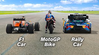 F1 Car vs MotoGP Bike vs Rally Car Ultimate Drag Race [upl. by Thoma506]