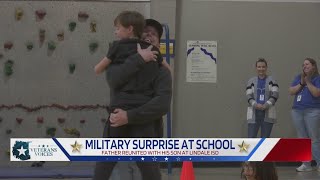 Military father back from deployment surprises son at Lindale school [upl. by Yentroc583]