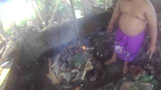 Palusami Preperation Frying Breadfruit and Banana Leaves [upl. by Trin]