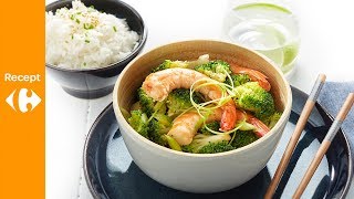 Wok van broccoli en grote roze garnalen met Thaise rijst [upl. by Rehteh320]