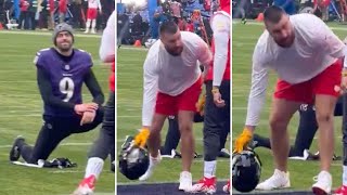 Travis Kelce THROWS Justin Tucker’s Helmet Across Field amp SHOUTS At Him Before Chiefs v Ravens Game [upl. by Lloyd]