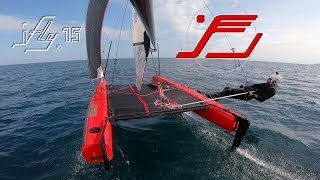 iFLY15 full Foiling in 6kts of wind Hydrofoil catamaran with revolutionary light wind sail [upl. by Tewell875]