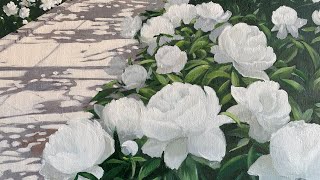 How to paint peonies with acrylics Real time painting [upl. by Heyde438]