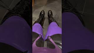 Purple latex stockings over the black rubber catsuit latex boots stockings latexrubber [upl. by Hcelemile305]