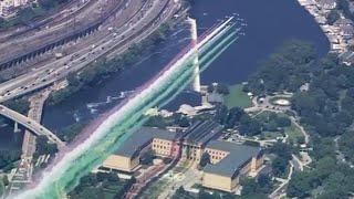 Italian Air Force jets from Frecce Tricolori conduct colorful flyover of Philadelphia [upl. by Laws969]