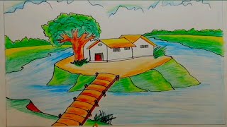 pencil drawing scenery  scenery drawing with pencil colour  landscape drawing easy  tree house [upl. by Burke120]