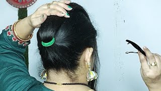 Simple 😍 Self Hairstyle For Wedding Function  Easy Quick Hairstyles For Medium Hair With Lock Pin [upl. by Fleeman]