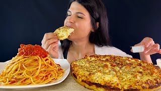 DOMINOS CHICKEN ALFREDO PIZZA amp SPAGHETTI WITH TOMATO SAUCE  MUKBANG  ASMR  EATING SOUNDS [upl. by Zoellick]