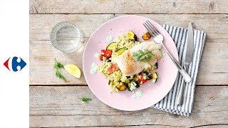 Zeewolffilet met parelcouscous dillesaus en mediterrane groenten [upl. by Kries466]