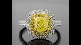 Natural Cushion Cut Canary Fancy Yellow with Double Halo Diamond Engagement Ring [upl. by Alon]