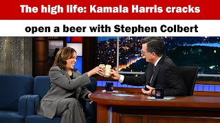 The high life Kamala Harris cracks open a beer with Stephen Colbert [upl. by Lenehc99]