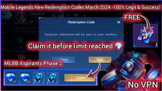 NO LIMIT MOBILE LEGENDS REDEEM CODE MARCH 23 2024  MLBB DIAMOND REDEEM CODES  NO VPN [upl. by Anilatak]