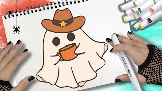 Como desenhar um FANTASMA DE CHAPÉU com xícara de café  DESENHO FOFO DE HALLOWEEN [upl. by Marthena84]