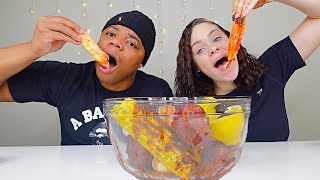 ONE BITE SEAFOOD BOIL MUKBANG CHALLENGE  KING CRAB SAUSAGE BOILED EGG SWEET CORN [upl. by Gianni]