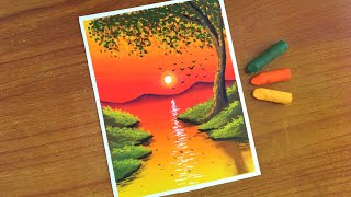 Easy Oil Pastel Sunset Scenery Painting for beginners  Oil Pastel Drawing [upl. by Rovaert872]