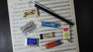 New Eraser Try Outs Pentel Mono Faber Castell Pelikan Maped Muji and more [upl. by Ailemak]