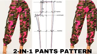 How to draft a 2in1 trouser pattern cargo pants pattern turorial  Easy pattern drafting method [upl. by Chansoo315]