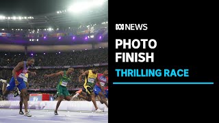 Thrilling photo finish to mens 100m sprint amp Aussies win silver and bronze in high jump  ABC News [upl. by Andryc]