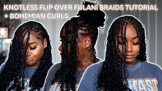 Knotless Flip Over Fulani Braids Tutorial with Bohemian Curls [upl. by Annavoig]