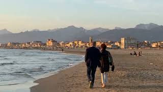 Italy 🇮🇹 Tuscany Viareggio The Viareggio beach 🏖️  April 2024  walking over sunset 🌅 from port [upl. by Shulins]