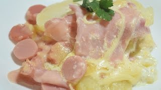 Papas gratinadas con jamon y salchicha  Cocinando con angel [upl. by Kired]