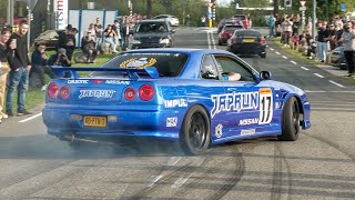 JDM Cars Leaving Go Japan 2023  BURNOUTS 1400HP GTR Pandem Skyline Top Secret Supra 1JZ Silvia [upl. by Mariellen408]