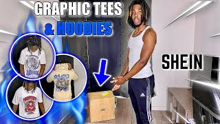 SHEIN MENS TRY ON HAULUNBOXING🔥 150 WorthGRAPHIC TEES amp HOODIES [upl. by Tymes]