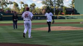 Video Sindarius Thornwell throws out first pitch prior to USCVandy [upl. by Goltz]