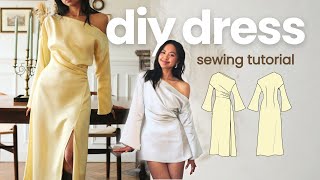 making a modern elegant offshoulder dress SEWING TUTORIAL [upl. by Eniawd]