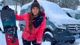 Snow Storm Camping in a Mercedes Sprinter Van at a Ski Resort  Snowboarding Deep Powder [upl. by Lassiter]