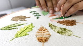 HAND EMBROIDERY FOR BEGINNERS 10 Types of Leaves [upl. by Oeram257]