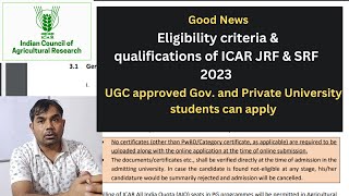 ICAR JRFampSRF eligibility  UGC approved University students can apply [upl. by Gariepy]