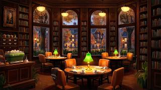 Fall Library Cafe Ambience with Calm Jazz Music amp Rain for Studying Focus amp Relaxation [upl. by Norahc715]