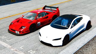 Tesla Roadster vs Ferrari F40 LM 89 at Monza GP [upl. by Ikim]