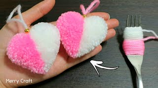 Super Easy Pom Pom Heart Making with Fork  Amazing Craft Ideas with Wool  How to Make Yarn Heart [upl. by Glimp847]