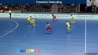 Indoorhockey zaalhockey  Skill Defender forestick defending low [upl. by Busiek]