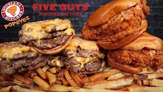 ASMR FIVE GUYS TRIPLE CHEESE BURGERS amp FRIES POPEYES SPICY CHICKEN SANDWICHES MUKBANG [upl. by Eitsrik]