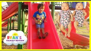 Ryan Twin Sisters First Time Outside Playground for Kids Family Fun Playing at the Park [upl. by Housen]