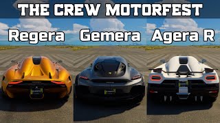 The Crew Motorfest  Koenigsegg Regera vs Koenigsegg Gemera vs Koenigsegg Agera R  Drag Race [upl. by Otrebron]