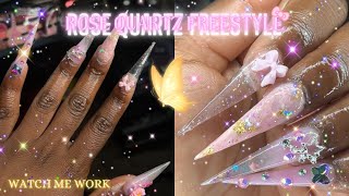 Rose Quartz Nails Freestyle🌹🌸  Beginner Nail Tech  Watch Me Work  Rose Quartz  Stiletto Nails [upl. by Pena]