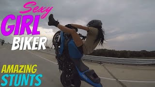 Beautiful Girl Biker Performs AMAZING Highway Motorcycle Stunts Riding Long Stunt Bike Wheelies [upl. by Rehpotsirhc]