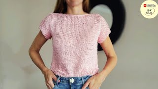 Remera top☀️Tutorial paso a paso blusa en dos agujas súper fácil principiantes tricot palillos [upl. by Ahswat]