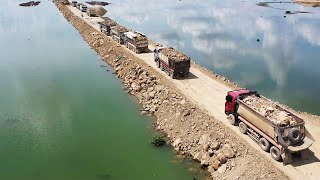 Amazing Base Boundary Building In Water Bulldozer Pushing Clearing Rock Dirt Dump Truck Unloading [upl. by Hachman]