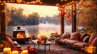 Warm Autumn Cabin 🍂 Soothing Jazz and Fireplace Sounds in the Fall Porch [upl. by Nynahs178]