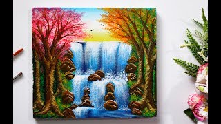 Step By Step Waterfall Landscape Painting for Beginners [upl. by Tillie421]