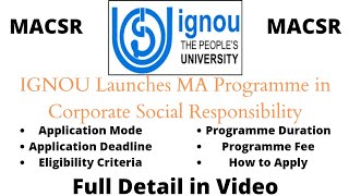 IGNOU MA in CSR Course Detail  IGNOU Launches MA Programme in Corporate Social Responsibility [upl. by Sloane]