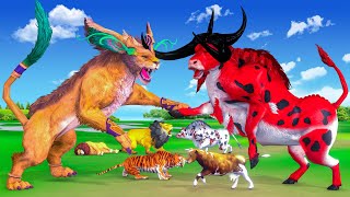 Cow Cartoon Giant Bulls vs Lion Tiger Animal Fight  Big Bulls Rescue Cow From Giant Lion Attack [upl. by Vogeley]