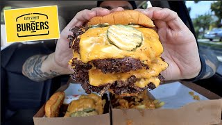 MUKBANG EATING EASY STREET SAUCY CHEESEBURGERS LOADED AND CHEESY WILD FRIES BANANA DONUT [upl. by Farrar]